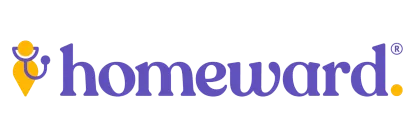 the word "homeward" in purple lowercase letters, accompanied by a logo featuring a stylized location pin with a person inside.